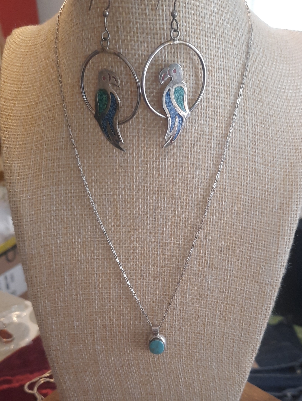 Silver Parrot Hoop Earrings & Turquoise Pendant Necklace - Silver